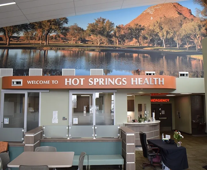 A large wall mural of a lake and mountains.